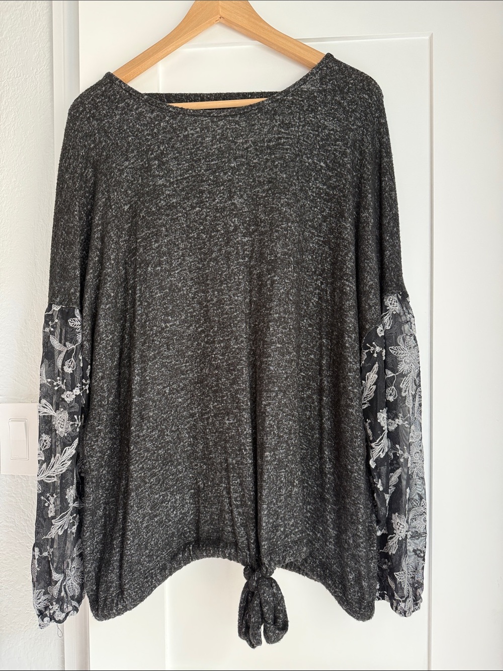 Daytrip Charcoal Tie-Hem Sweater Top w/Sheer Floral Lace Sleeves Crisscross back
